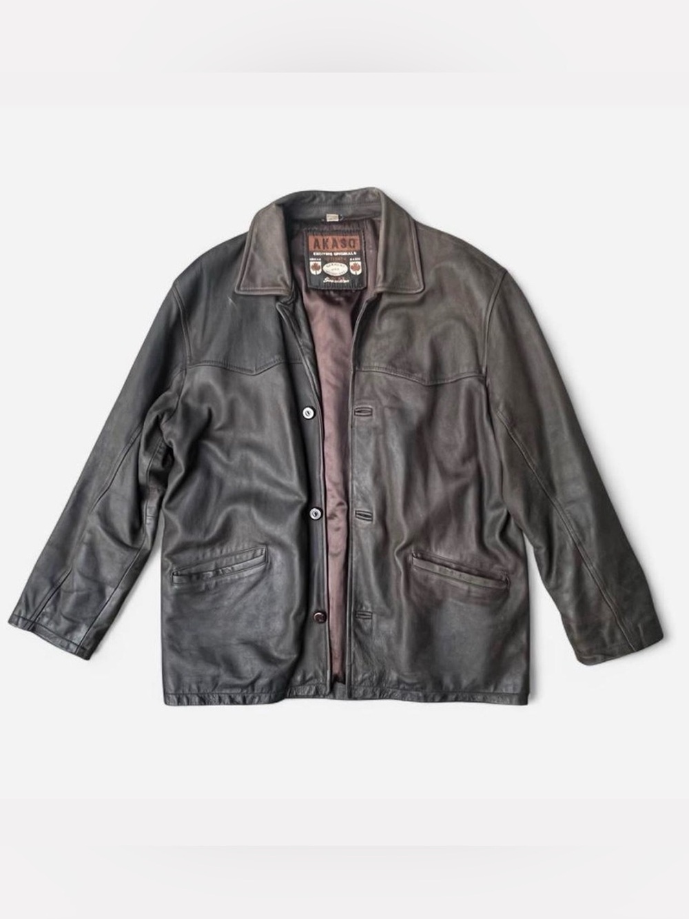 Vintage 90’s Akaso Dark Brown Leather Car Coat size XL heavyweight nice patina